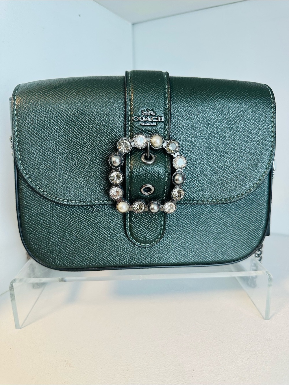 Coach Dark Green  Small Leather Crossbody with Crystal & Pearl Buckle NWT